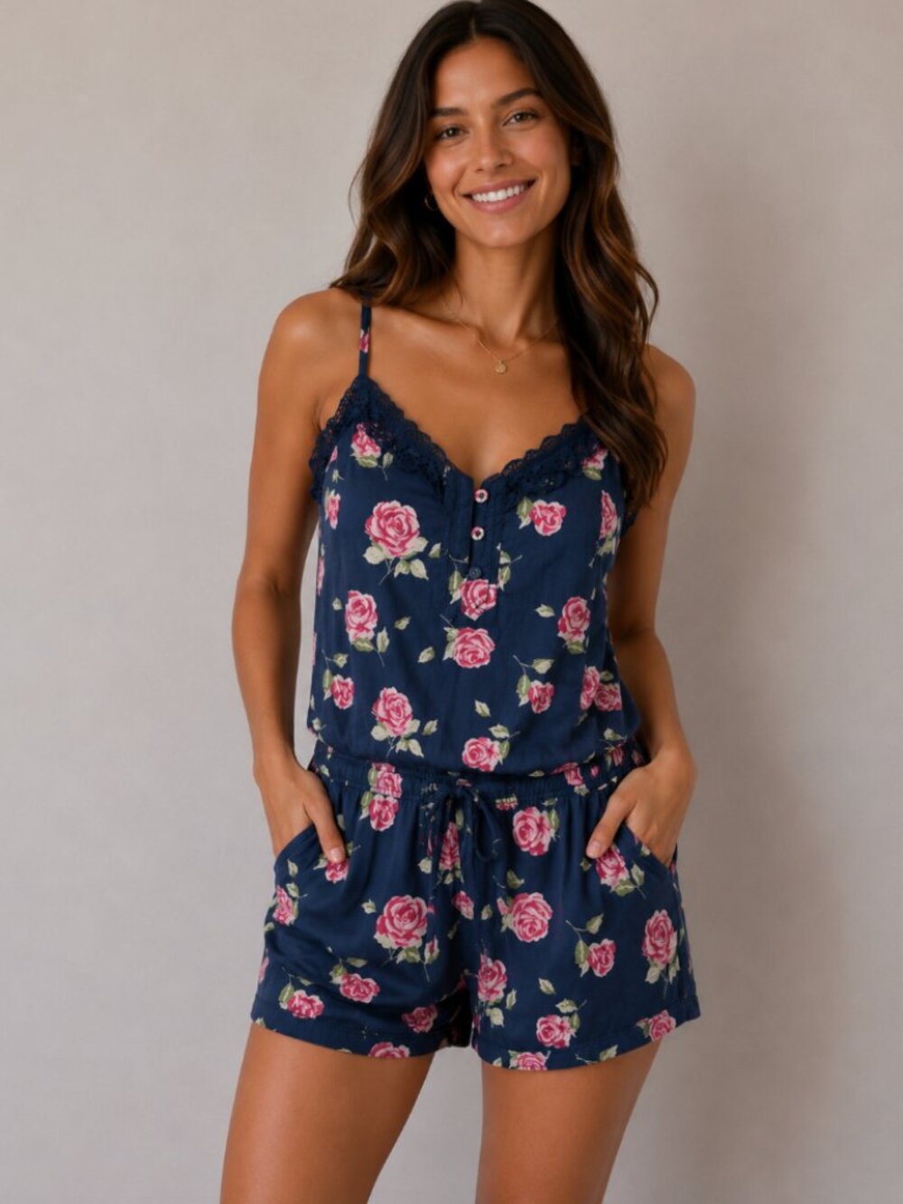 Abercrombie Womens Floral Romper Size Small Navy Blue & Pink